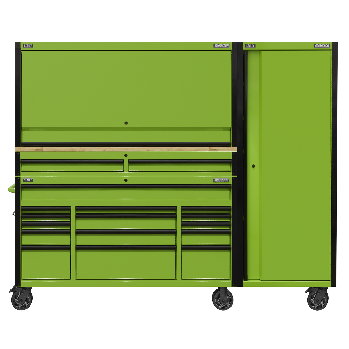 Superline Pro AP6115BECOMBO2 Superline PRO® Black Edition Mobile Trolley with Wooden Worktop, Hutch, 2 Drawer Riser & Side Locker 15 Drawer 1549mm