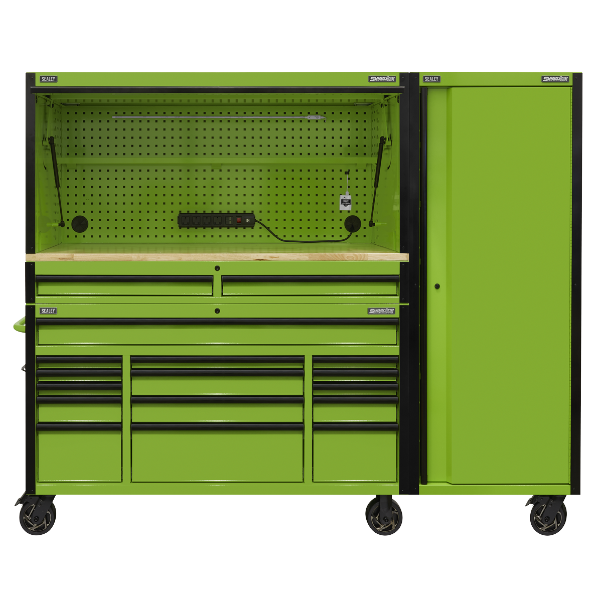 Superline Pro AP6115BECOMBO2 Superline PRO® Black Edition Mobile Trolley with Wooden Worktop, Hutch, 2 Drawer Riser & Side Locker 15 Drawer 1549mm