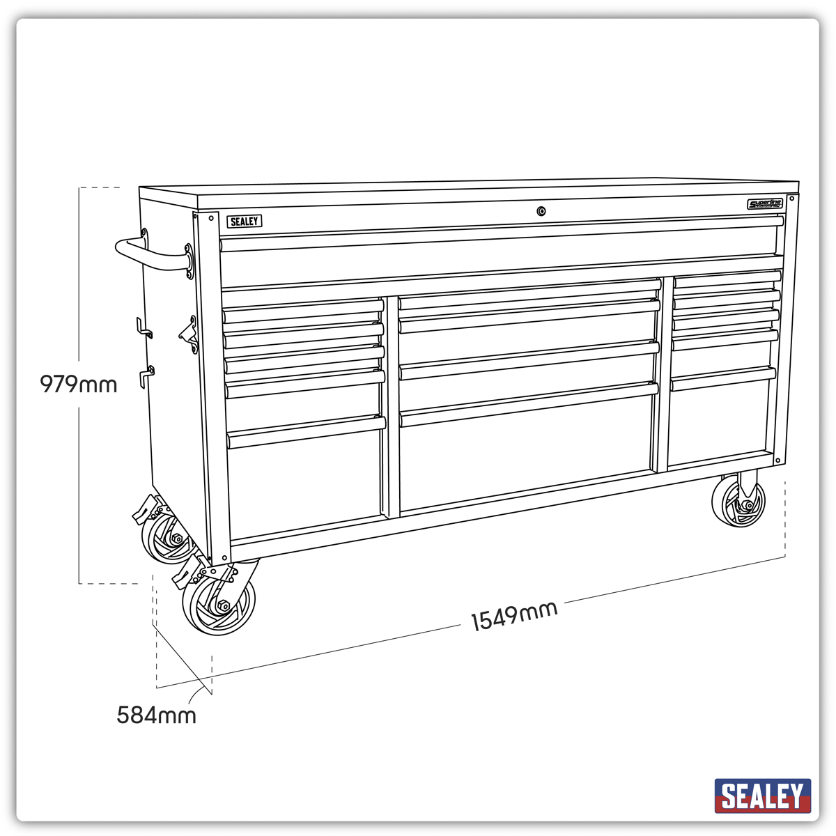 Superline Pro AP6115BE Mobile Trolley with Wooden Worktop 15 Drawer 1549mm