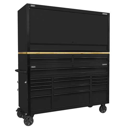 Superline Pro AP6215BECOMBO1 Superline PRO® Black Edition Mobile Trolley with Wooden Worktop 15 Drawer, Hutch & 2 Drawer Riser 1549mm