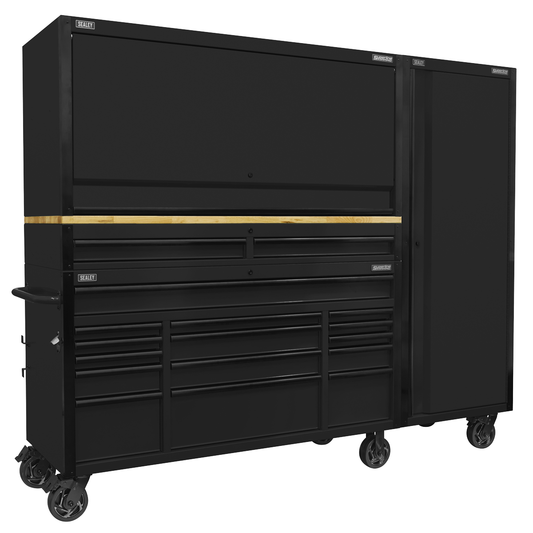 Superline Pro AP6215BECOMBO2 Superline PRO® Black Edition Mobile Trolley with Wooden Worktop 15 Drawer, Hutch, 2 Drawer Riser & Side Locker 1549mm
