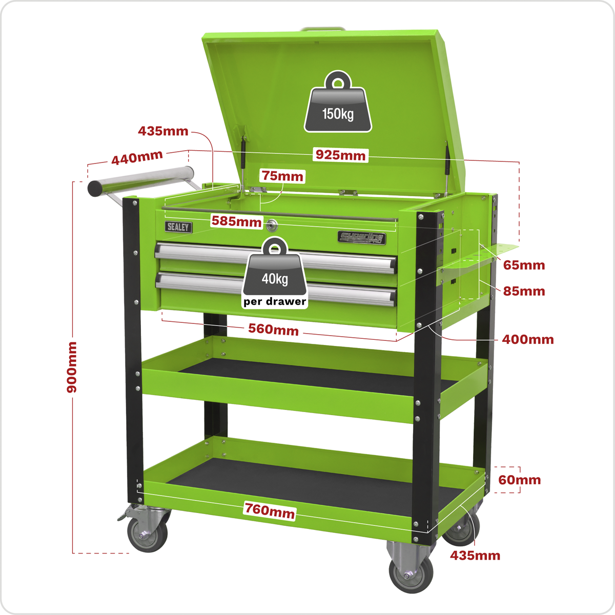 Superline Pro AP760MHV Superline PRO® Heavy-Duty Mobile Tool & Parts Trolley with Lockable Top & 2 Drawers - Green