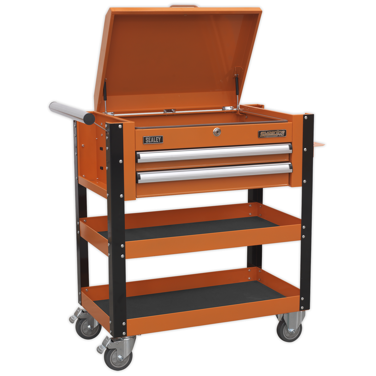 Superline Pro AP760MO Superline PRO® Heavy-Duty Mobile Tool & Parts Trolley with Lockable Top & 2 Drawers - Orange