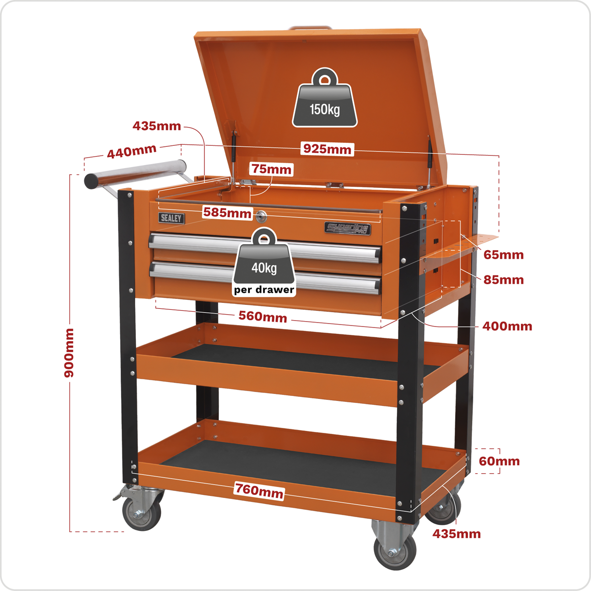 Superline Pro AP760MO Superline PRO® Heavy-Duty Mobile Tool & Parts Trolley with Lockable Top & 2 Drawers - Orange