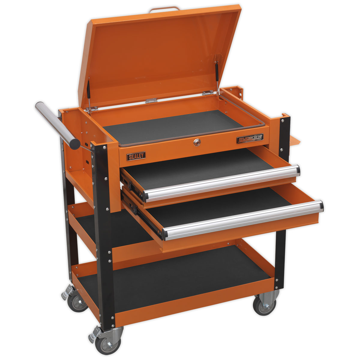 Superline Pro AP760MO Superline PRO® Heavy-Duty Mobile Tool & Parts Trolley with Lockable Top & 2 Drawers - Orange