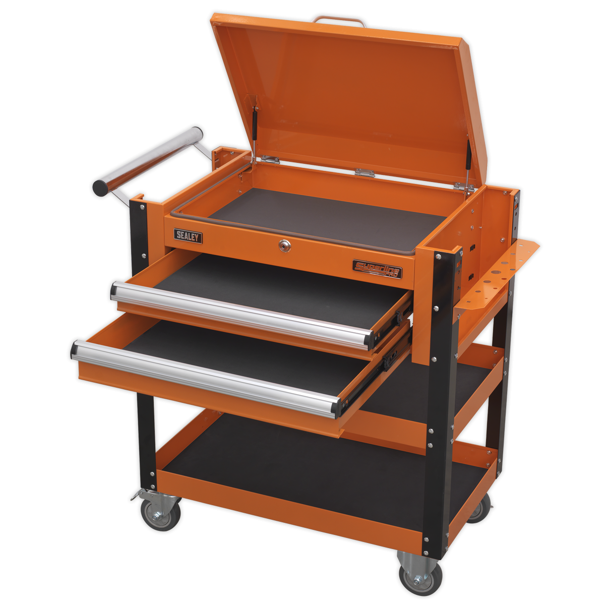 Superline Pro AP760MO Superline PRO® Heavy-Duty Mobile Tool & Parts Trolley with Lockable Top & 2 Drawers - Orange
