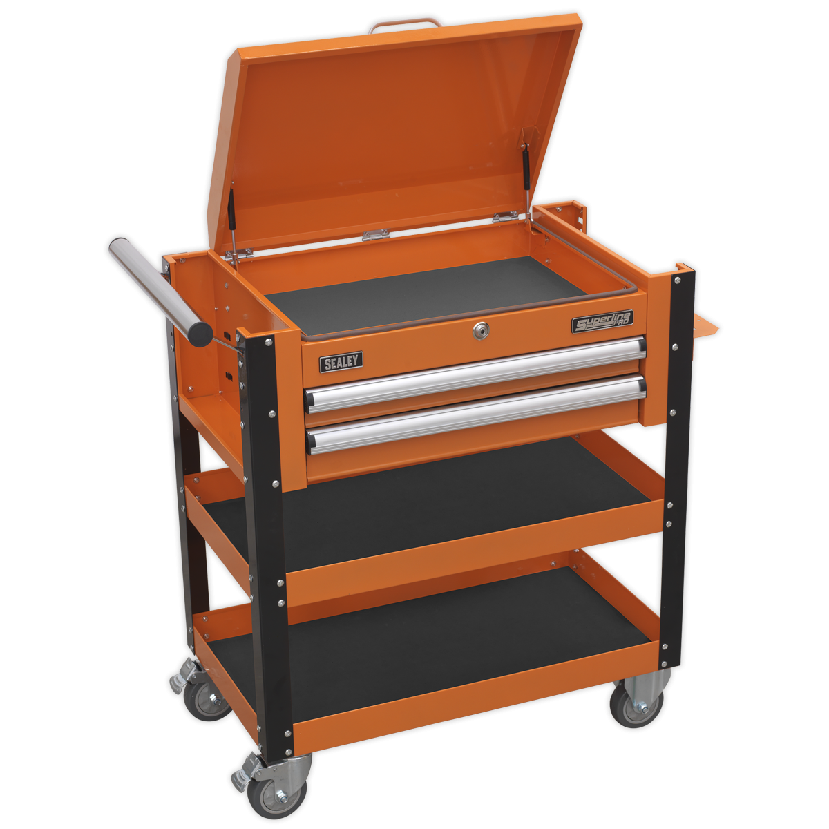 Superline Pro AP760MO Superline PRO® Heavy-Duty Mobile Tool & Parts Trolley with Lockable Top & 2 Drawers - Orange