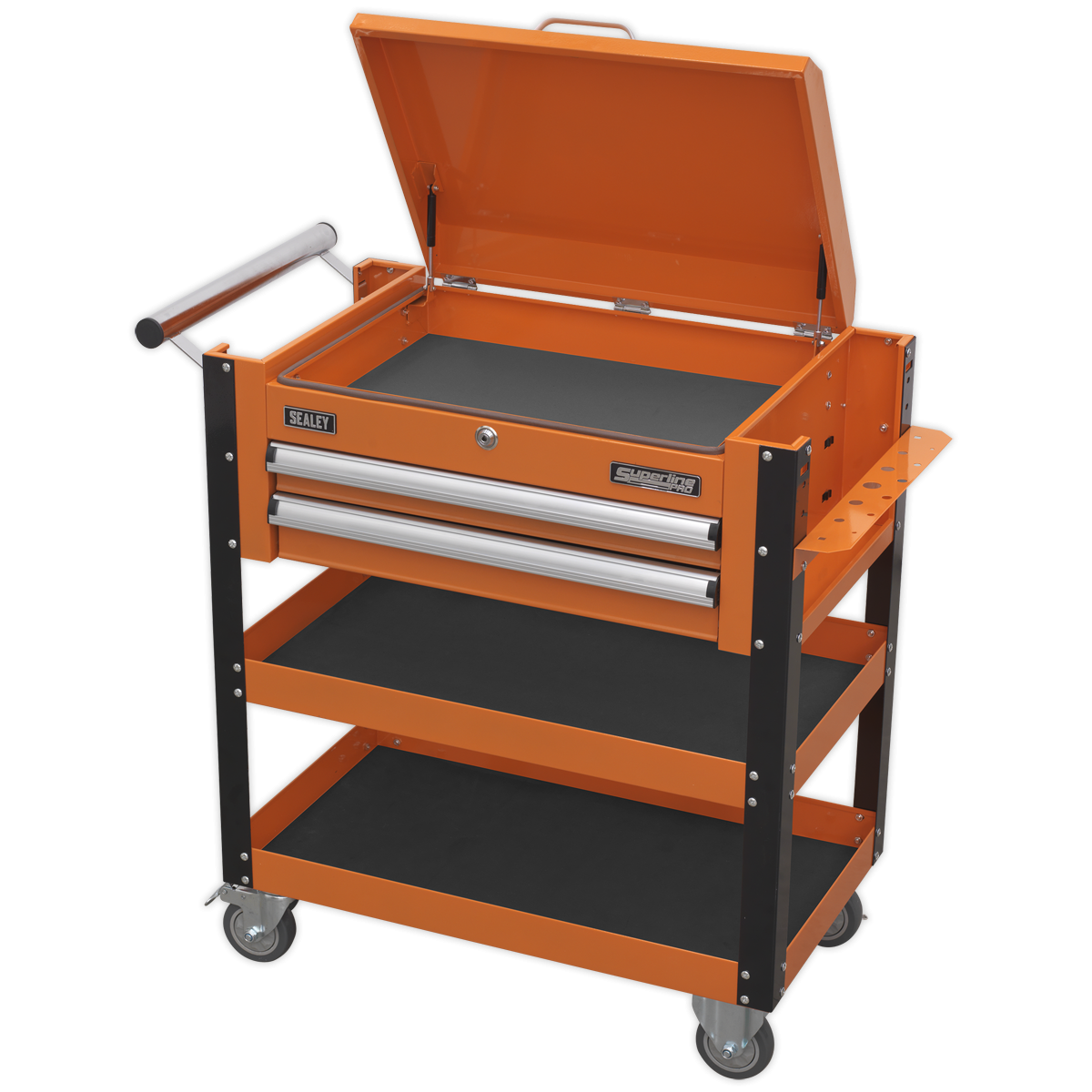 Superline Pro AP760MO Superline PRO® Heavy-Duty Mobile Tool & Parts Trolley with Lockable Top & 2 Drawers - Orange