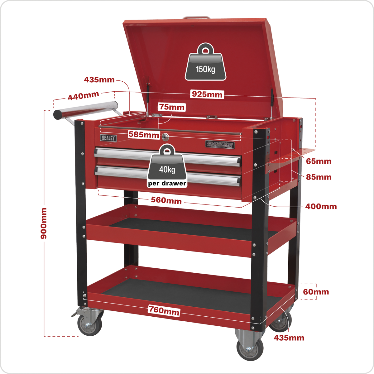 Superline Pro AP760M Superline PRO® Heavy-Duty Mobile Tool & Parts Trolley with Lockable Top & 2 Drawers - Red