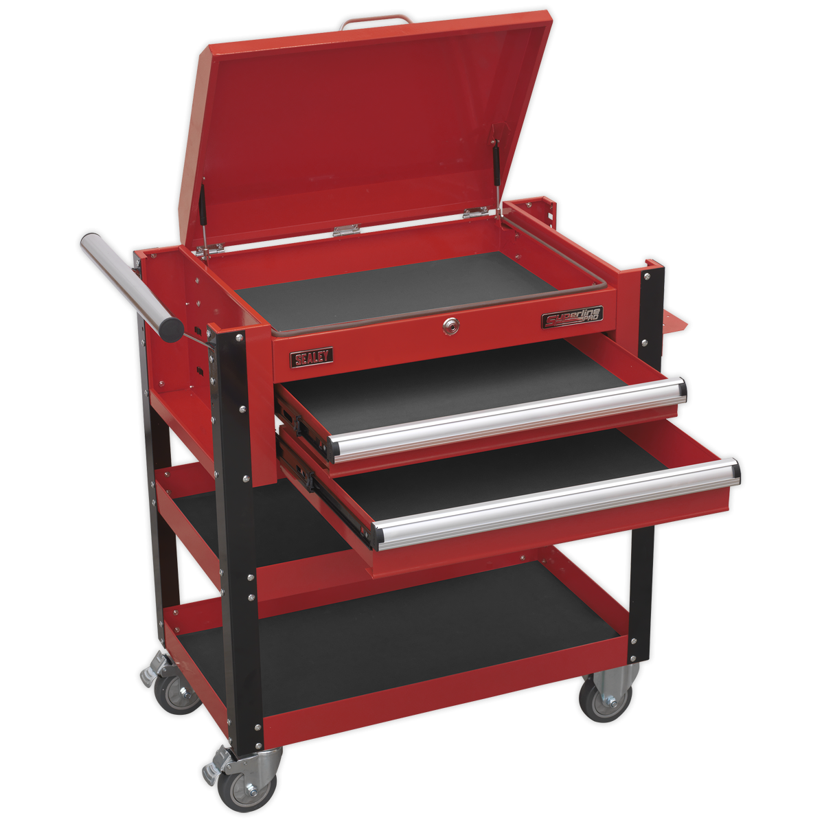 Superline Pro AP760M Superline PRO® Heavy-Duty Mobile Tool & Parts Trolley with Lockable Top & 2 Drawers - Red