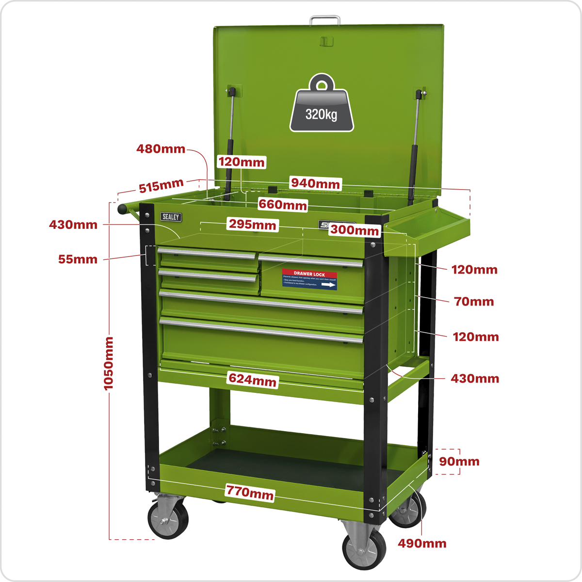 Superline Pro AP890MHV Superline PRO® Heavy-Duty Mobile Tool & Parts Trolley with Lockable Top & 5 Drawers - Hi-Vis Green