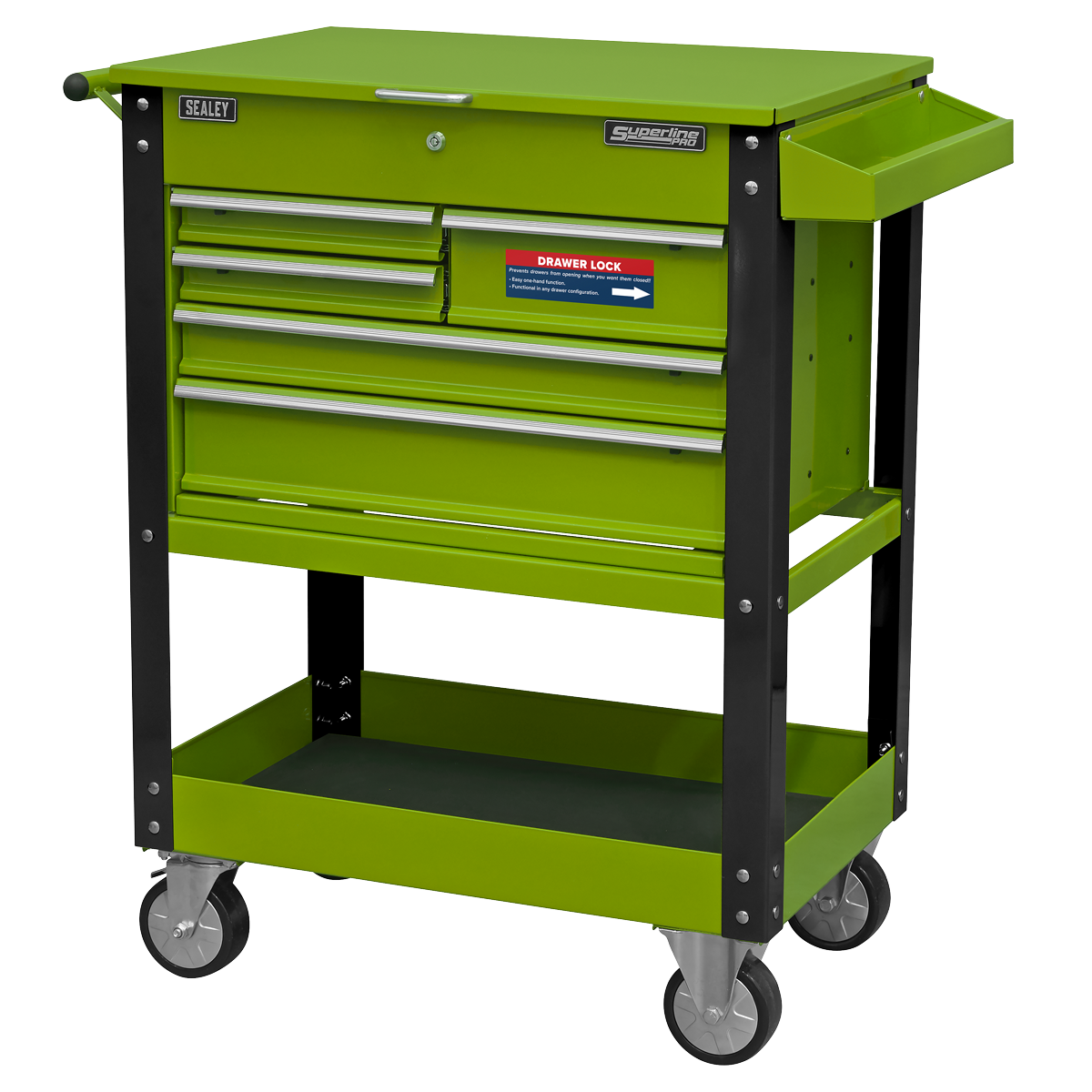 Superline Pro AP890MHV Superline PRO® Heavy-Duty Mobile Tool & Parts Trolley with Lockable Top & 5 Drawers - Hi-Vis Green