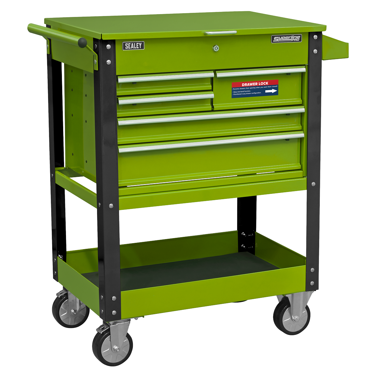 Superline Pro AP890MHV Superline PRO® Heavy-Duty Mobile Tool & Parts Trolley with Lockable Top & 5 Drawers - Hi-Vis Green