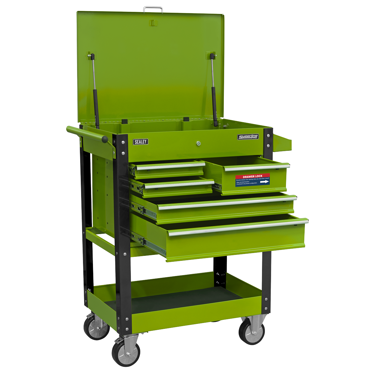 Superline Pro AP890MHV Superline PRO® Heavy-Duty Mobile Tool & Parts Trolley with Lockable Top & 5 Drawers - Hi-Vis Green