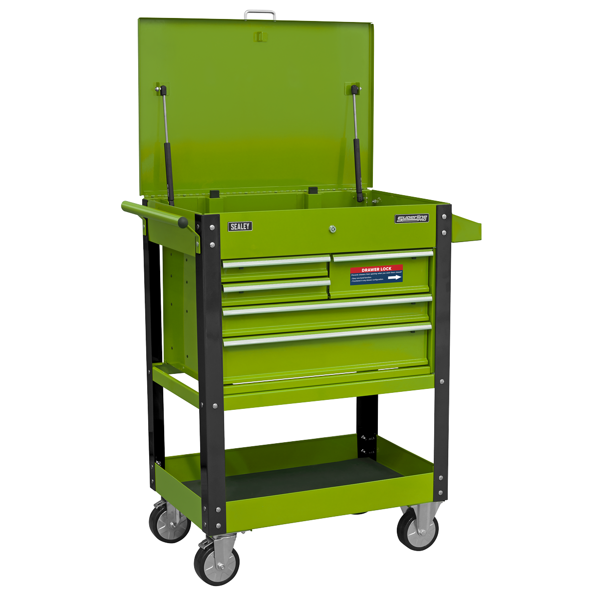 Superline Pro AP890MHV Superline PRO® Heavy-Duty Mobile Tool & Parts Trolley with Lockable Top & 5 Drawers - Hi-Vis Green