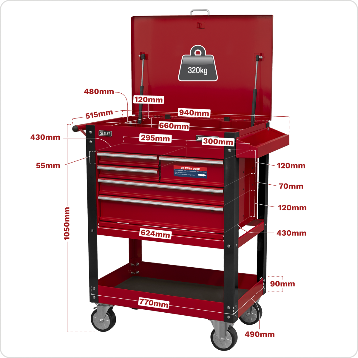 Superline Pro AP890M Superline PRO® Heavy-Duty Mobile Tool & Parts Trolley with 5 Drawers & Lockable Top
