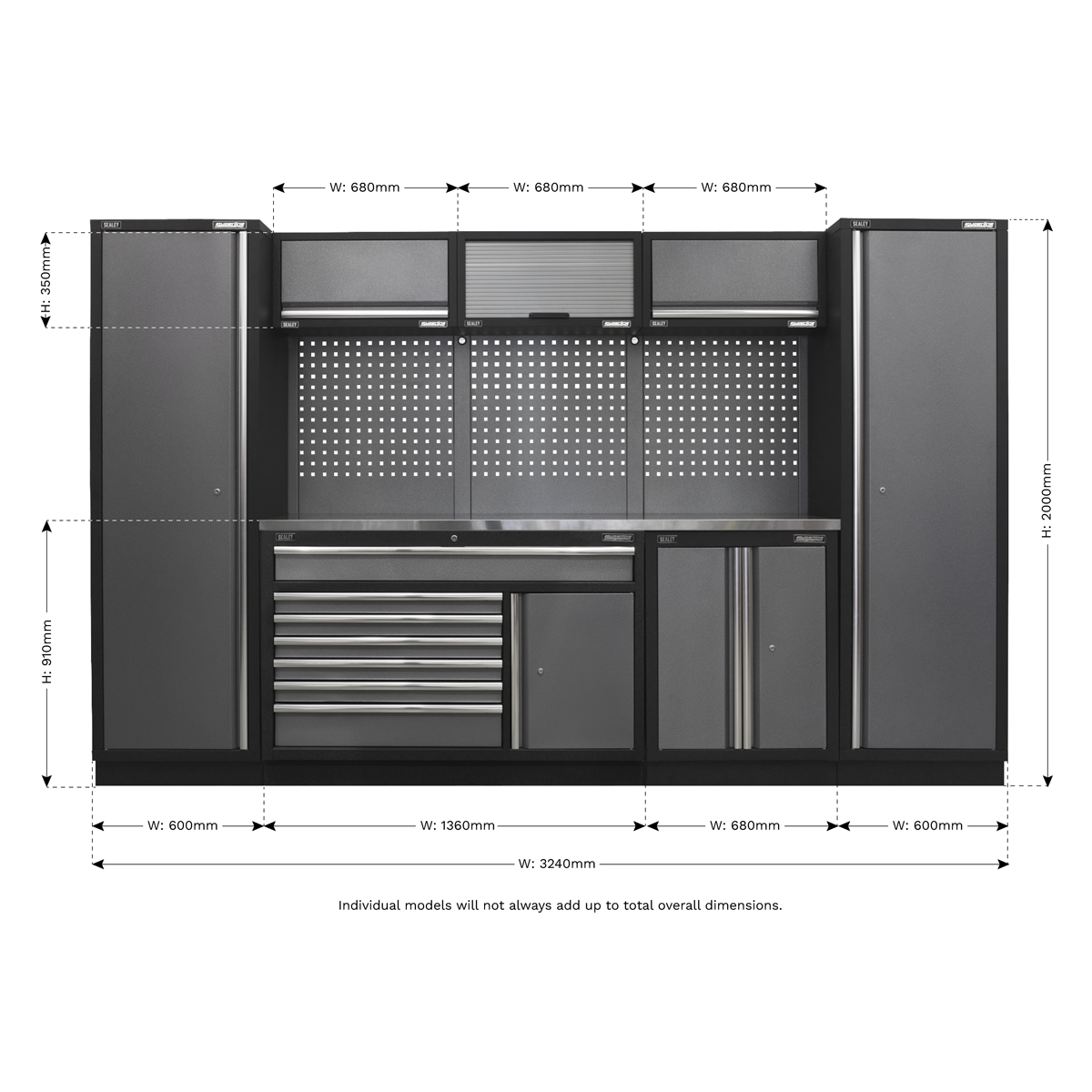 Superline Pro APMSSTACK13SS Superline PRO® Storage System with Stainless Steel Worktop 3.24m