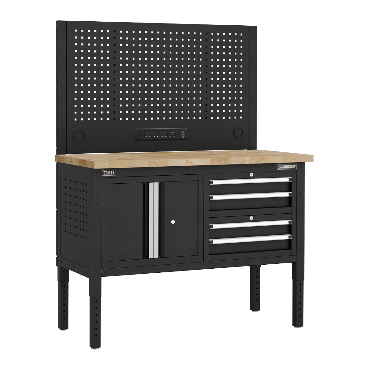 Superline Pro APMWB50COMBO1W Superline PRO® Modular Workbench with 4 Drawers & Cupboard Wooden Worktop 1265mm
