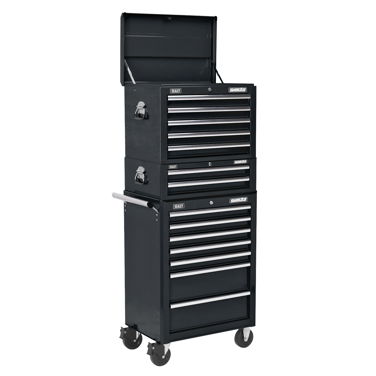 Superline Pro APSTACKTB Superline PRO® Topchest, Mid-Box Tool Chest & Rollcab Combination 14 Drawer - Black