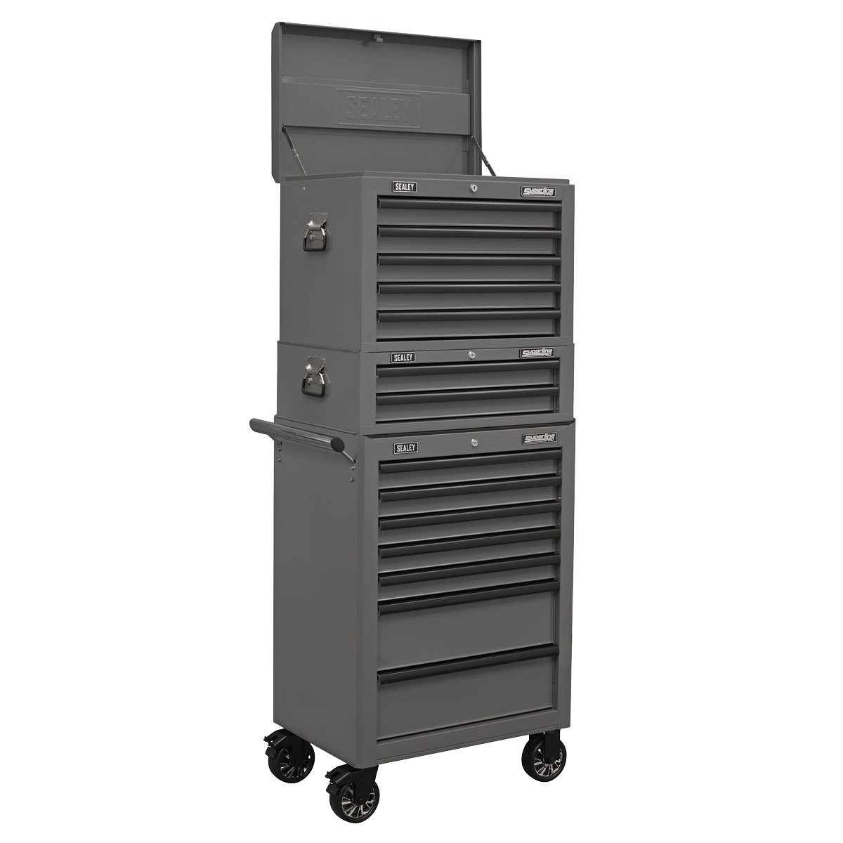 Superline Pro APSTACKTGR Superline PRO® Topchest, Mid-Box Tool Chest & Rollcab Combination 14 Drawer - Grey