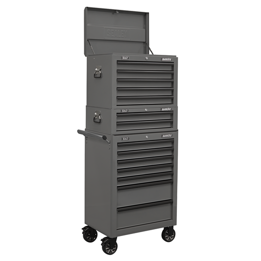 Superline Pro APSTACKTGR Superline PRO® Topchest, Mid-Box Tool Chest & Rollcab Combination 14 Drawer - Grey