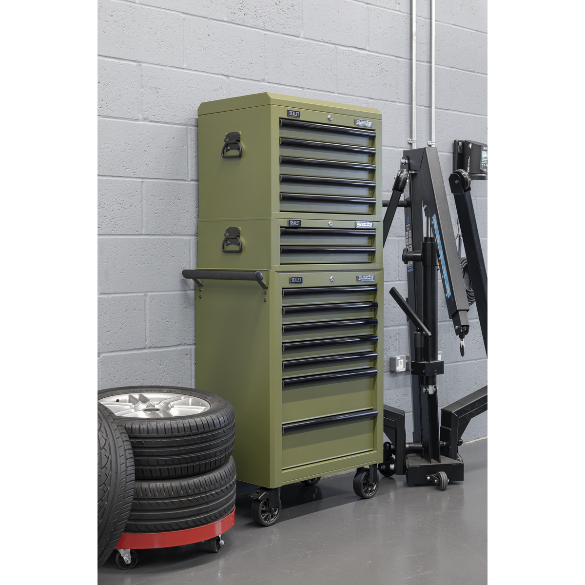 Superline Pro APSTACKTK Superline PRO® Topchest, Mid-Box Tool Chest & Rollcab Combination 14 Drawer - Khaki