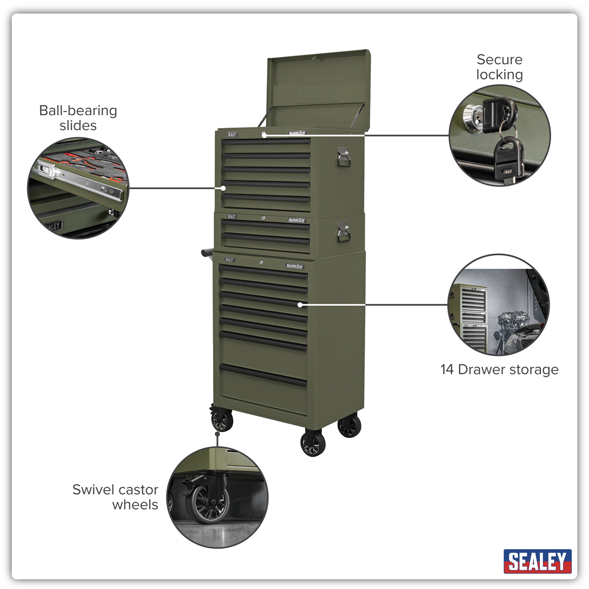 Superline Pro APSTACKTK Superline PRO® Topchest, Mid-Box Tool Chest & Rollcab Combination 14 Drawer - Khaki