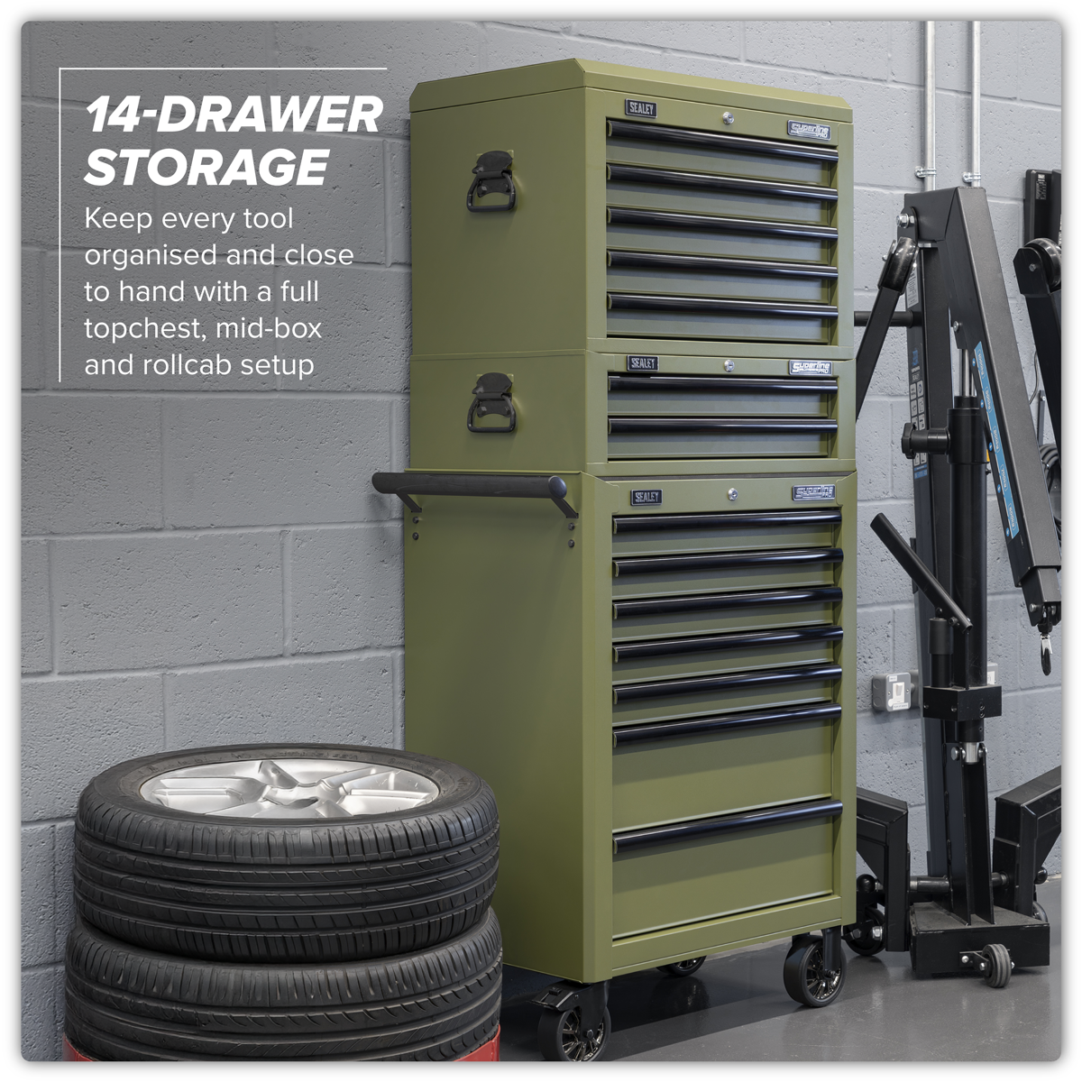 Superline Pro APSTACKTK Superline PRO® Topchest, Mid-Box Tool Chest & Rollcab Combination 14 Drawer - Khaki