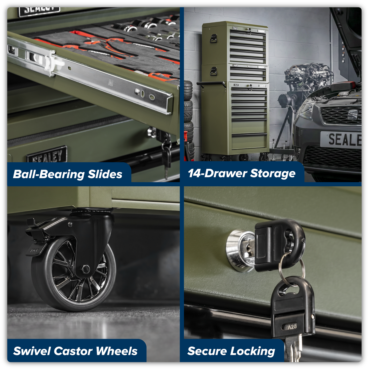 Superline Pro APSTACKTK Superline PRO® Topchest, Mid-Box Tool Chest & Rollcab Combination 14 Drawer - Khaki