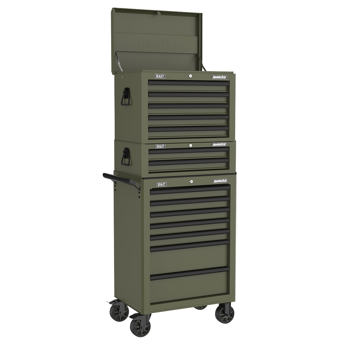 Superline Pro APSTACKTK Superline PRO® Topchest, Mid-Box Tool Chest & Rollcab Combination 14 Drawer - Khaki