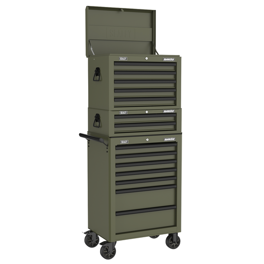 Superline Pro APSTACKTK Superline PRO® Topchest, Mid-Box Tool Chest & Rollcab Combination 14 Drawer - Khaki