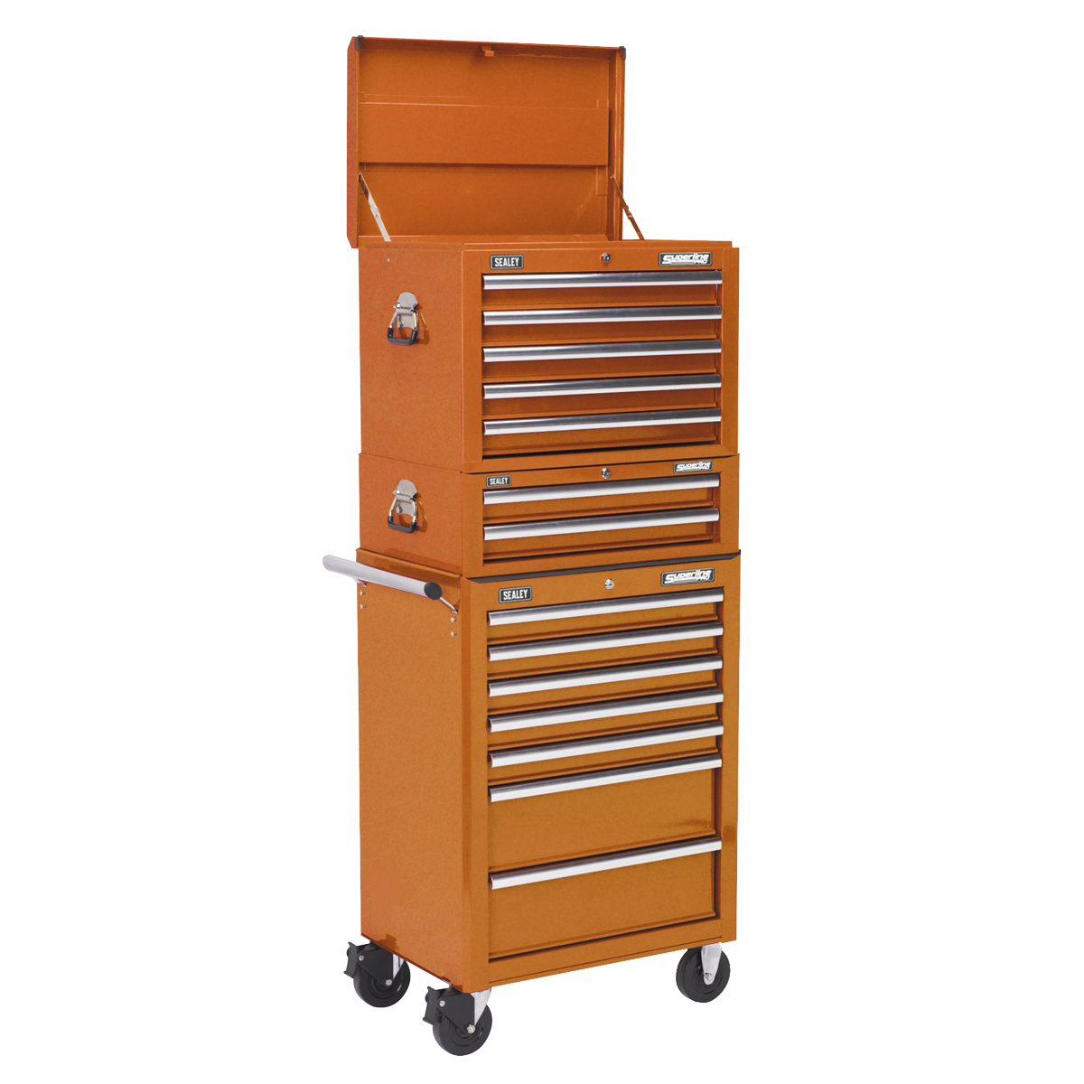 Superline Pro APSTACKTO Superline PRO® Topchest, Mid-Box Tool Chest & Rollcab Combination 14 Drawer - Orange