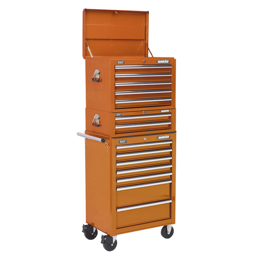Superline Pro APSTACKTO Superline PRO® Topchest, Mid-Box Tool Chest & Rollcab Combination 14 Drawer - Orange