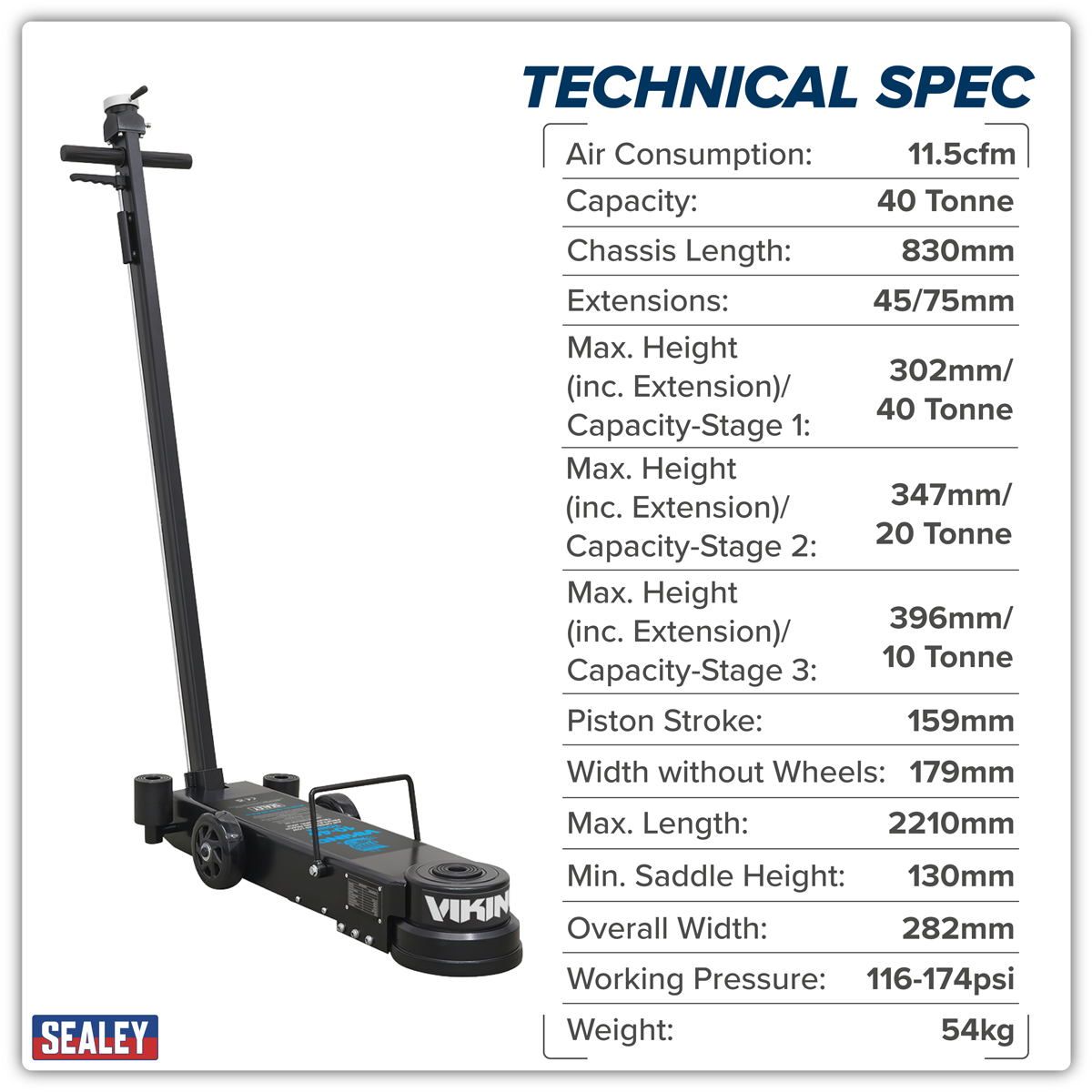 Viking YAJ10-40LELR Viking Long Reach/Low Profile Air Operated Telescopic Jack 10-40 Tonne